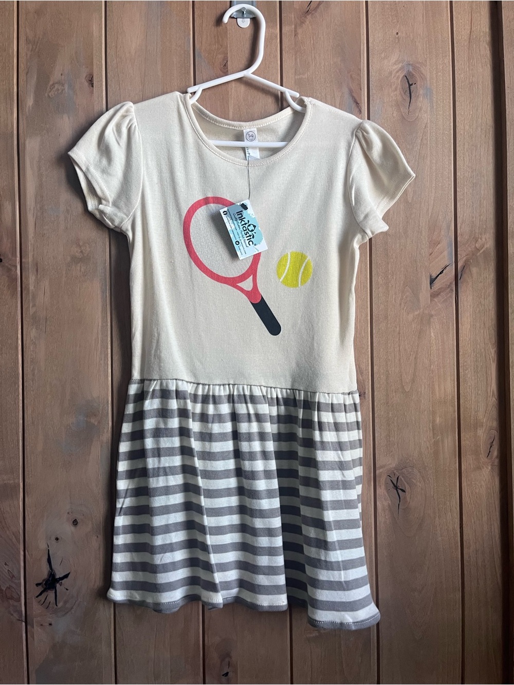 Girls Tennis Graphic Stripe Dress - Cream and Gray - Size 4 years - NWT